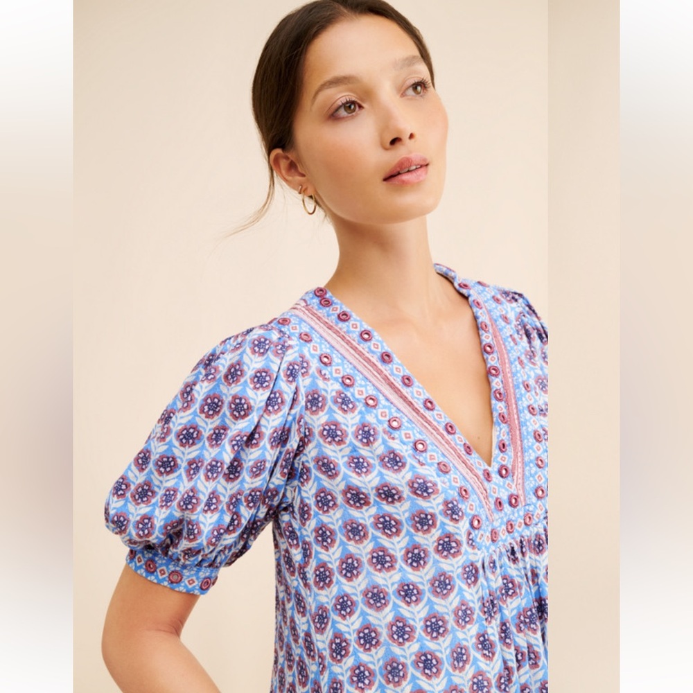 Anthropologie Maeve Puff Sleeve V Neck Medallion Lined Mini Dress Size Medium - Picture 3 of 14